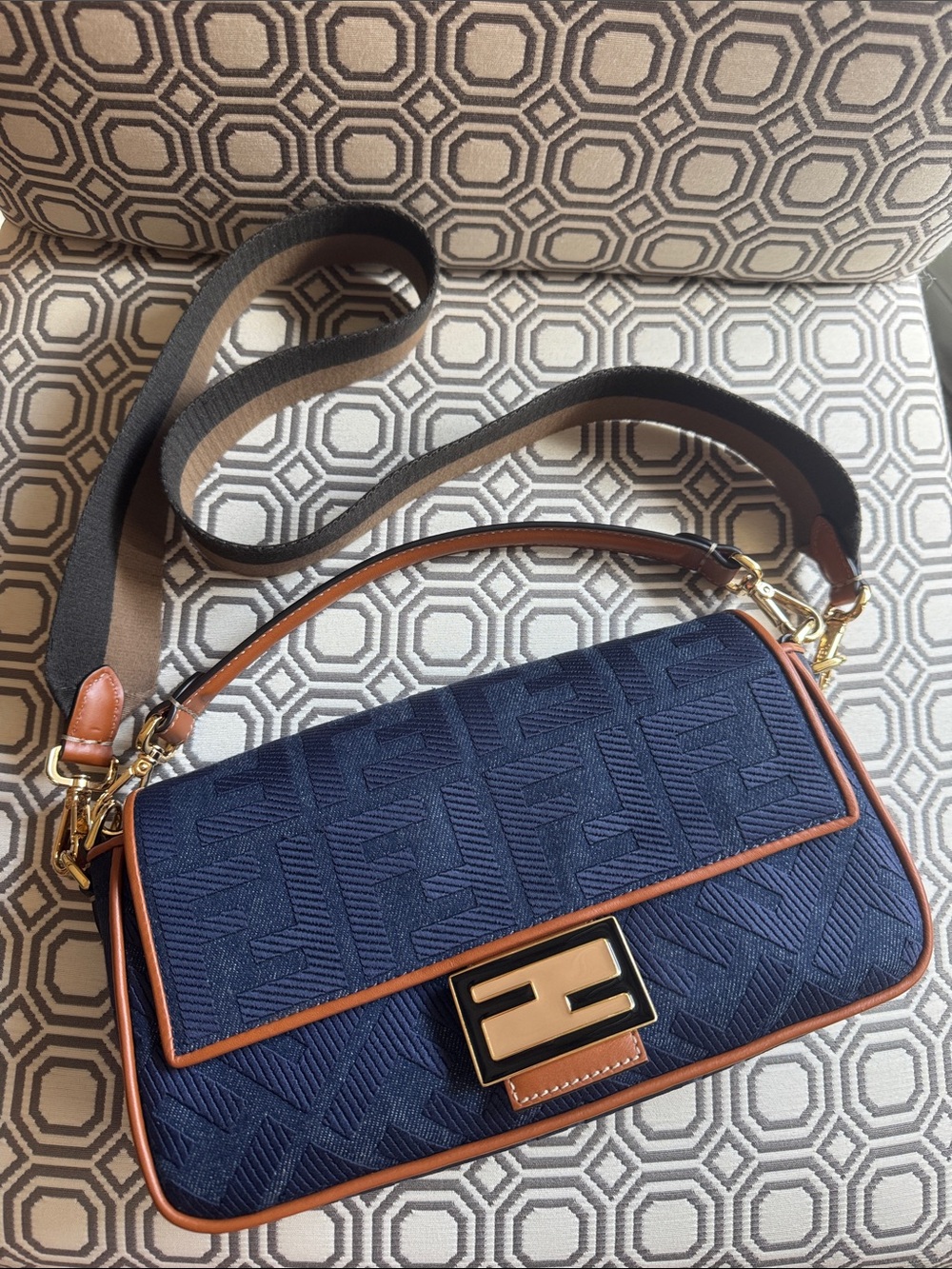 Fendi Denim Vitello King FF Embroidered Baguette 2019